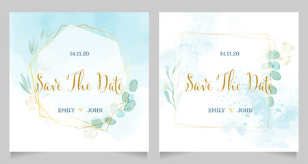 Fototapeta na wymiar blue watercolor wedding invitation with golden frame wreath template layout