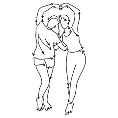 lesbian couple making Love sign made from arrow vector illustration sketch doodle hand drawn with black lines isolated on white background