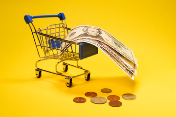 US dollars and coins in a trolley or shopping basket in a supermarket. Concept of shopping, discounts, online shopping, consumer ability or black friday. Yellow background.