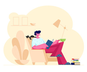 Reading Books Hobby. Young Man Sitting on Cozy Armchair at Home Read Interesting Book with Cat Sleeping beside. Deep Immersion to Fantasy World, Male Character Reader. Cartoon Flat Vector Illustration