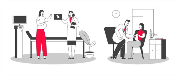 Woman Waiting Newborn Baby Visiting Clinic. Pregnant Female Character at Doctor Appointment Medical Check Up. Ultrasound Belly, Listening Baby Heart. Healthy Pregnancy Cartoon Flat Vector Illustration