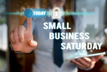Writing note showing Small Business Saturday. Business concept for American shopping holiday held during the Saturday Modern technology Lady front presenting hands blue glow copy space