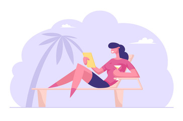 Young Businesswoman in Elegant Dress Sitting on Lounge Outdoors Reading Information on Tablet Pc and Enjoying Drinking Cocktail on Tropical Beach or Resort with Palms. Cartoon Flat Vector Illustration