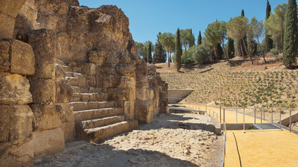 City ruins, land, walls and amphitheater, part of archaeological ensemble of Italica, city with a strategic role in the Roman Empire, birthplace of Emperors Trajan and Hadrian, in Santiponce, Seville,