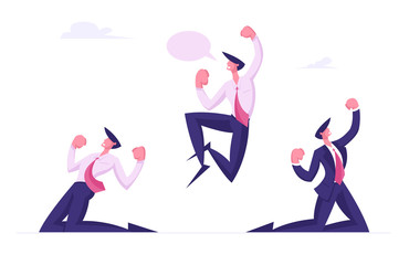 Successful Winners Business Team Celebrating Victory in Office. Happy People in Smart Casual Wear Standing on Knees and Gesturing with Arms Up, Exclaiming and Cry Yeah Cartoon Flat Vector Illustration