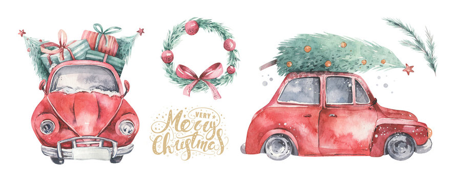 Watercolor christmas holiday card transportation illustration. Merry Xmas winter tree design with wreath. Hand painted New year retro vintage cars