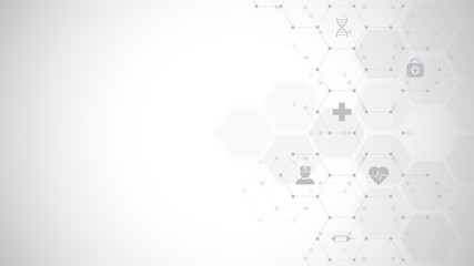 Abstract medical background with flat icons and symbols. Template design with concept and idea for healthcare technology, innovation medicine, health, science and research.