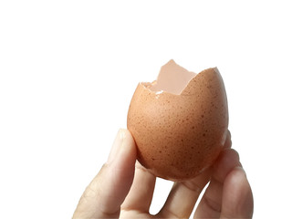 Egg shell broken in a hand on a white background
