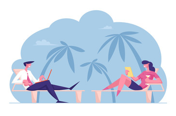 Couple of Businesspeople Wearing Formal Suit Male and Female Characters Sitting on Deck Chairs under Palm Trees on Tropical Island Working on Laptop Tablet and Drink Cartoon Flat Vector Illustration