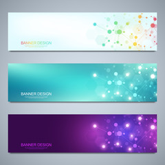 Banners design template with molecular structures and neural network. Abstract molecules and genetic engineering background. Science and innovation technology concept.