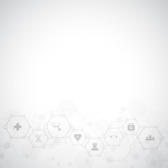 Abstract medical background with flat icons and symbols. Template design with concept and idea for healthcare technology, innovation medicine, health, science and research.