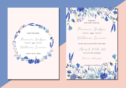 Wedding invitation with blue floral watercolor