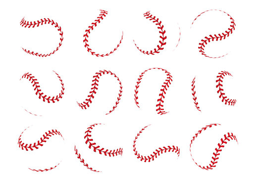 Baseball ball lace. Spherical softball realistic 3D red stroke lines for sport logos and banners. Vector isolated design elements retro sports leather objects with red seam