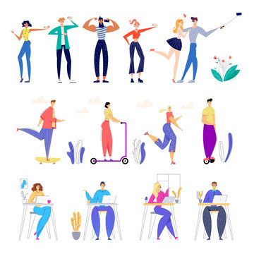 Set of Male and Female Characters Making Selfie and Posing on Photo Camera, Riding Electric Scooters and Hoverboards in City Park, Communicate via Internet on Laptop. Cartoon Flat Vector Illustration