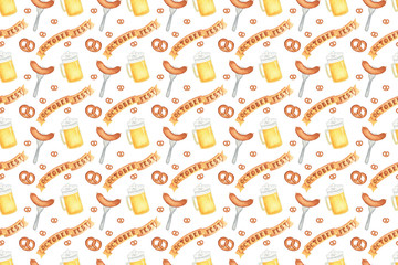 Seamless pattern with beer, glass, sausage, pretzel, banner for oktoberfest. Hand drawn watercolour painting on white background clip art graphic elements for creative design and printable decor.