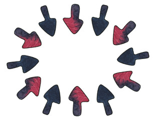 Pointer arrows sent to the center red and indigo color. Hand drawn watercolour painting on white background clip art graphic elements for creative design and printable decor, layouts, logo.