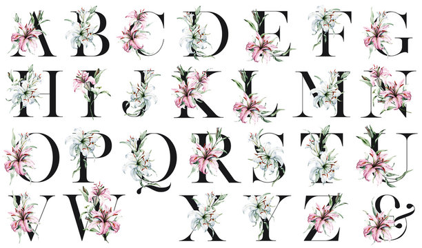 Floral alphabet set, letters with watercolor flowers lilies and leaf. Monogram initials perfectly for wedding, birthday invitations, greeting card, logo and other. Holiday design hand painting.