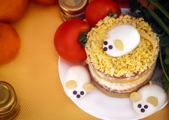 Themed holiday salad Mimosa with Cheese Mouse in honor of the 2020 new year on the Chinese calendar. Eastern horoscope. Traditional Russian holiday food - Mimoza. Selective focus.