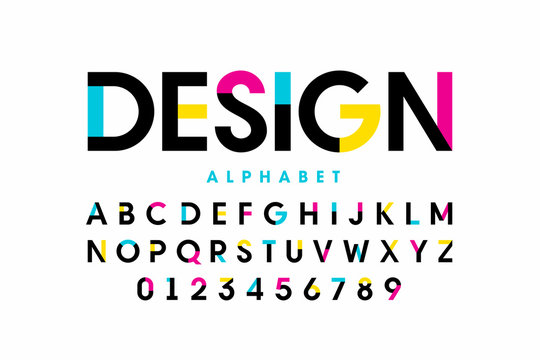 Modern bright colorful font design, alphabet letters and numbers