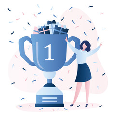 Business or sport achievement. Happy businesswoman with big winner cup.