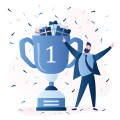 Business or sport achievement. Happy businessman or sportsman with big winner cup.