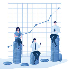 Various business people sitting on different pile of coins,inequality profit or payment background,