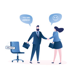 Businessman boss shakes hands with hired woman worker.Human resource recruitment