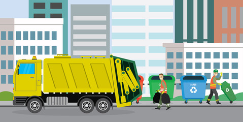 City waste recycling concept with garbage truck and garbage collectors on urban background