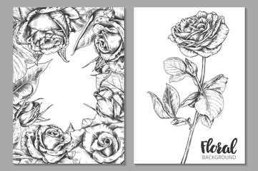 Collection of vector floral backgrounds for card or invitation with hand drawn rose flowers.