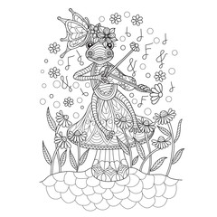 Hand drawn sketch illustration of frog playing violin for adult coloring book.