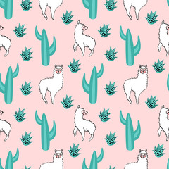 Pattern with lama and cactus on pink background