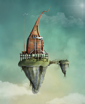 Fantasy flying house in the cloudy sky - 3D illustration