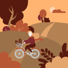 Autumn public park landscape. Cartoon girl riding bicycle. Fall activity in forest and city garden