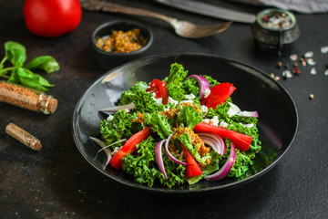 Healthy salad, tomato, lettuce leaf salad (mix micro greens, juicy snack) leaves mix. food background