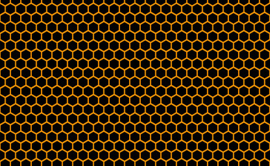 Abstract honeycomb repeated pattern in golden yellow against a back background. Geometric background or seamless pattern inspiration of hexagons, prismatic cells similar to beeswax or beehive frames.