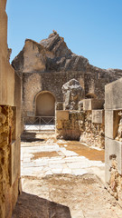 City ruins, land, walls and amphitheater, part of archaeological ensemble of Italica, city with a strategic role in the Roman Empire, birthplace of Emperors Trajan and Hadrian, in Santiponce, Seville