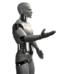 humanoid robot, male android presenting an empty space, isolated on white background (3d illustration)