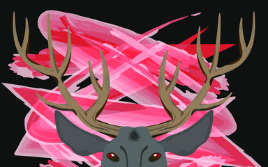 Abstraction. Deer horns with part of the head on a red watercolor background EPS10