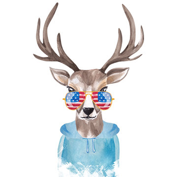 Cute watercolor deer in sunglasses with USA flag print