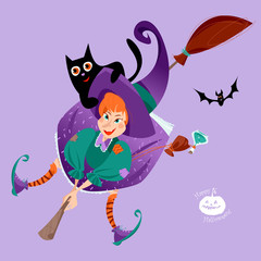 Little witch on a broom with a cat. Happy halloween.