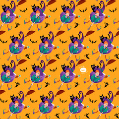 Little witch on a broom with a cat. Happy halloween. Seamless background pattern.