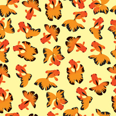 Goldfish seamless pattern on yellow background. 