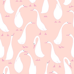 White goose seamless pattern on pink background. 