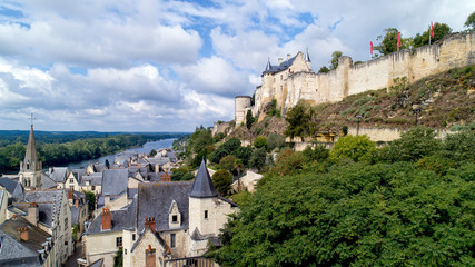 Fototapeta na wymiar Aerial photo of Chinon medieval fortress in Indre and Loire