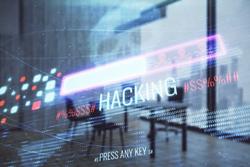 Cyber piracy hologram with minimalistic cabinet interior background. Double exposure. Hacking concept.