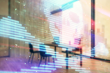 Cyber piracy hologram with minimalistic cabinet interior background. Double exposure. Hacking concept.