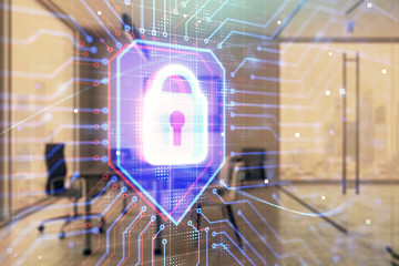 lock sign hologram with minimalistic cabinet interior background. Double exposure. Data security concept.
