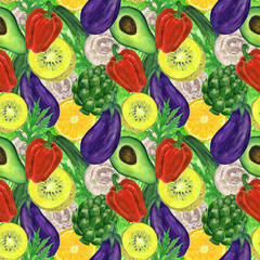 Watercolor Vegetable for keto seamless pattern set hand painted illustration gouache