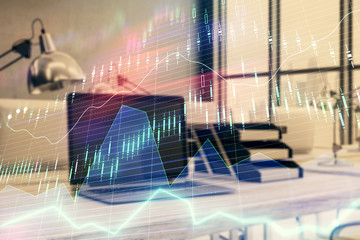 Stock market chart and desktop office computer background. Multi exposure. Concept of financial analysis.