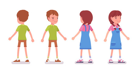 Boy and girl child 7 to 9 years old, active school age male and female kid standing, wearing bright summer outfit. Vector flat style cartoon illustration isolated on white background, front, rear view